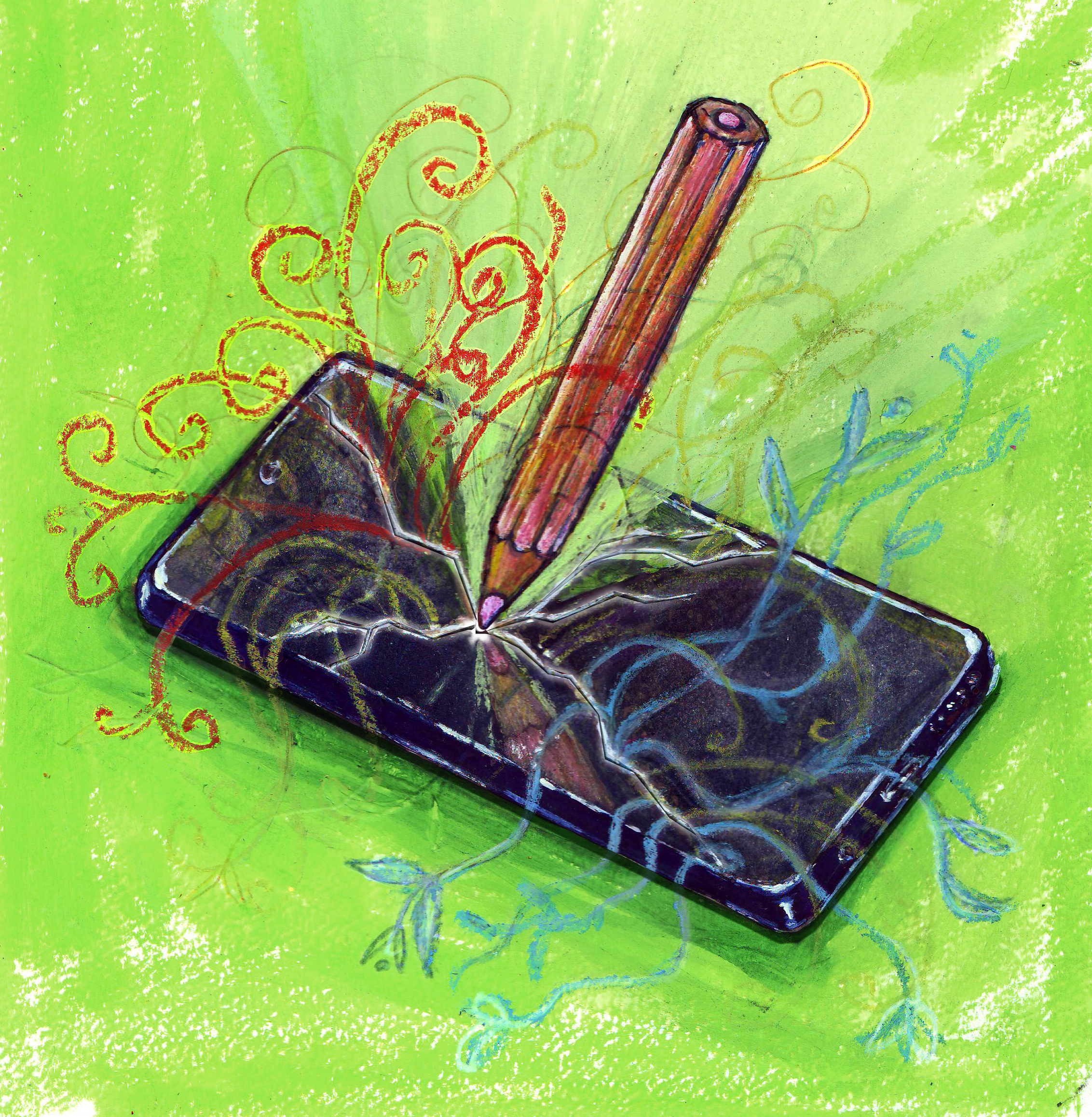 schwarzes Smartphone auf hellgrünem Hintergrund. Ein Stift drückt sich in das Display. Aus den Rissen kommen bunte Fäden.